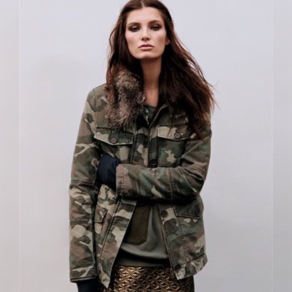 Topshop Camouflage Utility Jacket with Faux Fur